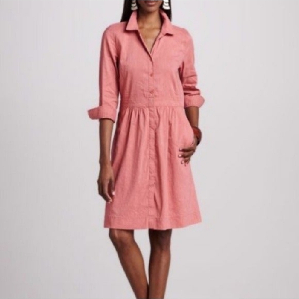 Eileen Fisher Salmon Pink Peach Linen Blend Button Up Dress S
